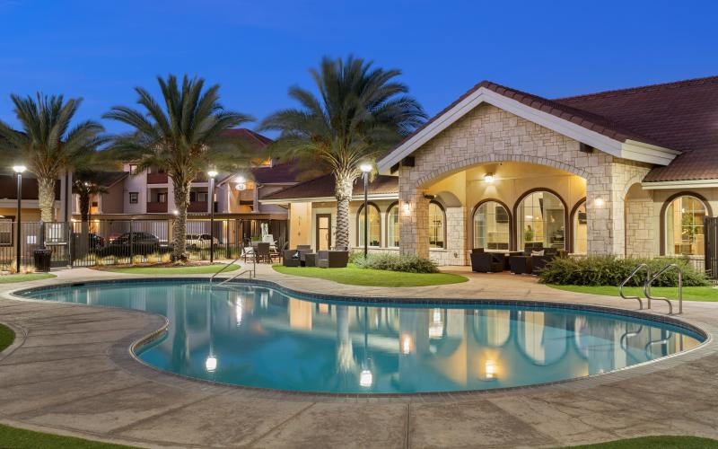 swimming pool lit at night